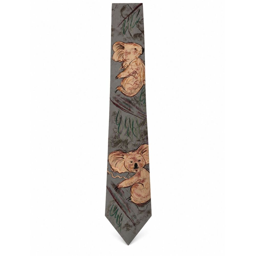 Vintage World Wildlife Fund (WWF) Des No. 151 100% Silk Crepe Koala Necktie Gray